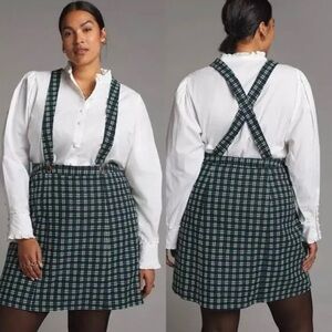 NWT Anthropologie Green Black Checkered Plaid Pinafore Skirt